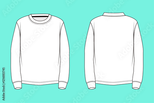 Men's Long sleeve crew neck Technical flat sketch T-shirt front and back view.