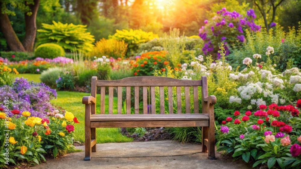 A serene garden scene with blooming flowers around a wooden bench A serene garden scene with blooming flowers around a wooden bench
