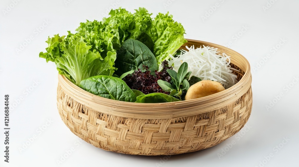 Fresh Assorted Vegetables in Stylish Bamboo Bowl Arrangement Fresh Assorted Vegetables in Stylish Bamboo Bowl Arrangement