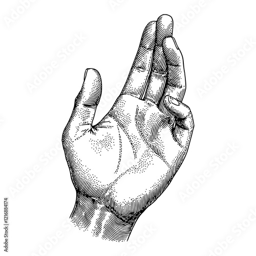 Reaching Above Hand Gesture Detailed Black and White Outline Line Art Drawing of Hand