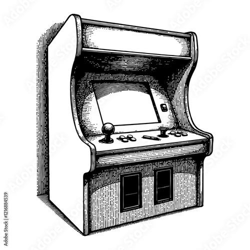 Retro Game Arcade Machine Full View Black and White Outline Line Art Drawing Detailed Illustration