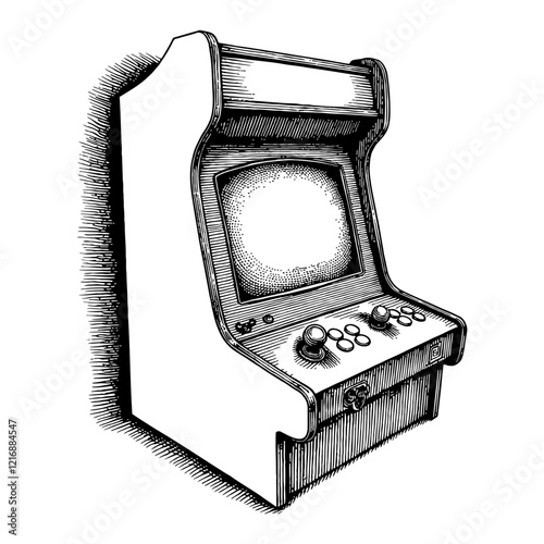 Retro Game Arcade Machine Detailed Black and White Outline Line Art Drawing with Vintage Design