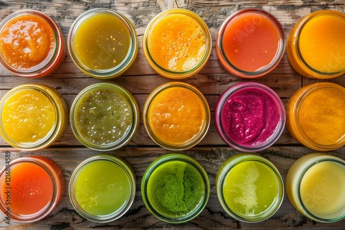 Several glass jars containing an assortment of colorful juices are sitting on a wooden table