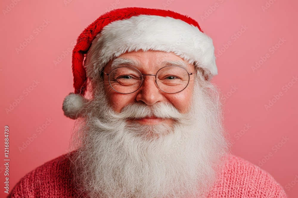 Joyful Santa Claus with a white beard and festive hat against a pink background during the holiday season