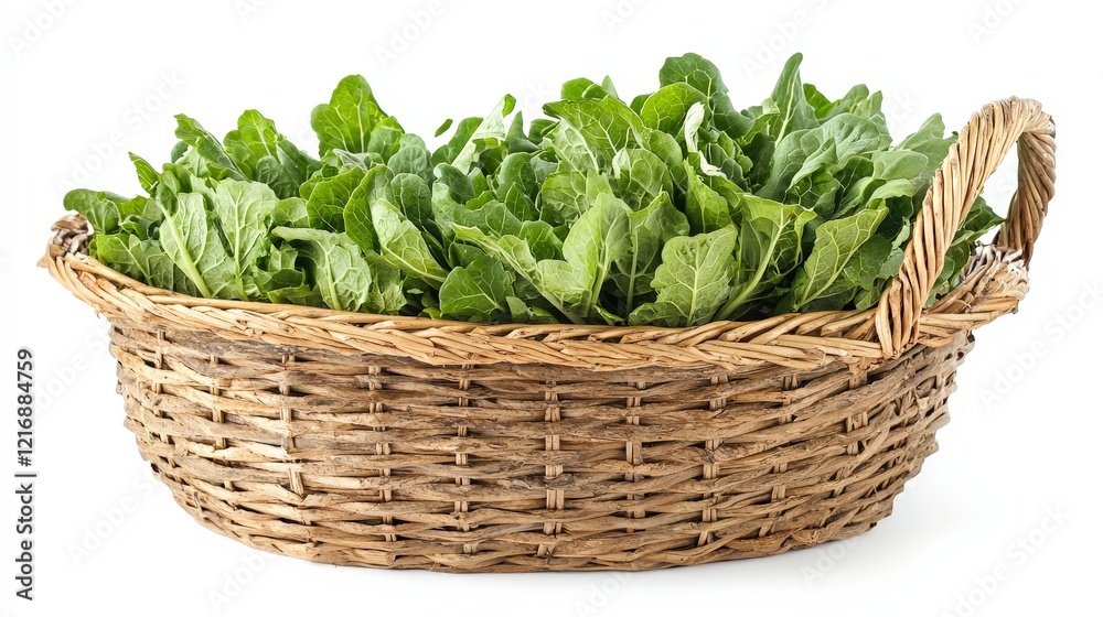 Fresh Green Leafy Vegetables in a Woven Basket on White Background Fresh Green Leafy Vegetables in a Woven Basket on White Background