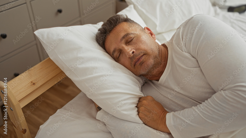 Handsome man sleeping in bed at home in a cozy bedroom interior Handsome man sleeping in bed at home in a cozy bedroom interior