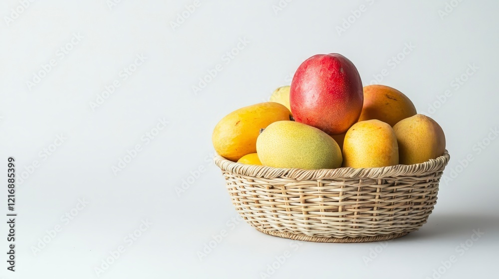 Fresh Fruit Display in Woven Basket with Colorful Mangoes and Apple Fresh Fruit Display in Woven Basket with Colorful Mangoes and Apple