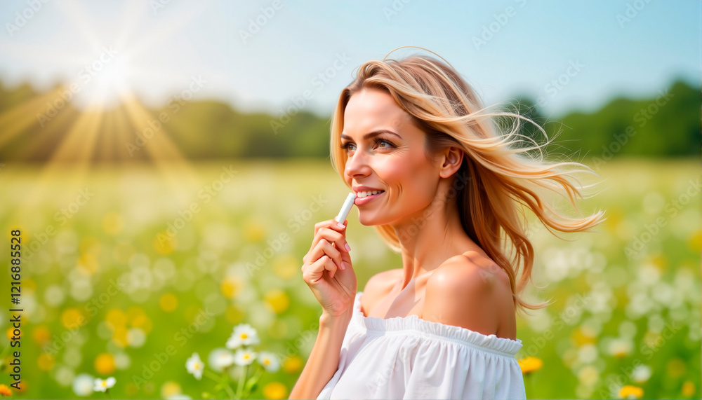 Smiling woman applying lip balm in a sunny flower field, Spring Skin Care Theme Smiling woman applying lip balm in a sunny flower field, Spring Skin Care Theme