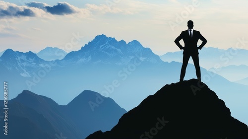 Silhouette of a Confident Businessman Standing on a Mountain Peak