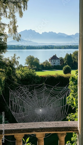 Intricate spider s web adorned with dew in foreground, overlooking lake chiemsee and bavarian alps photo