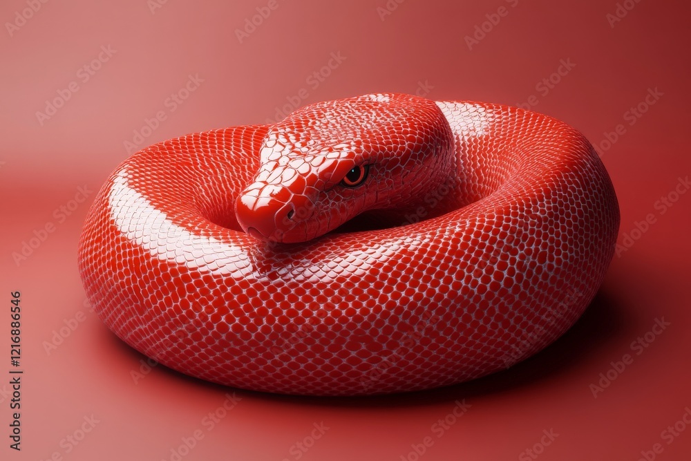 Fototapeta premium Bright red snake coiled on a smooth surface with striking scales and piercing eyes in a dramatic setting