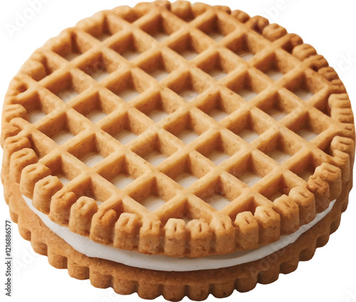 A realistick single Cookie With White Filling Is Shown On The Round And Has Waffle Pattern 
