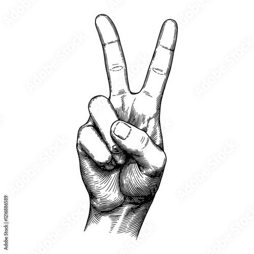 Hand Peace Sign Two Finger Gesture in Detailed Black and White Outline Line Art Drawing