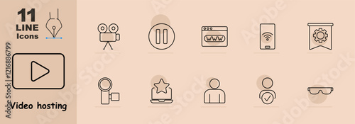 Video hosting set icon. Movie camera, play button, browser, internet settings, user profile, star rating, and AR glasses. Represents online video platforms and features.