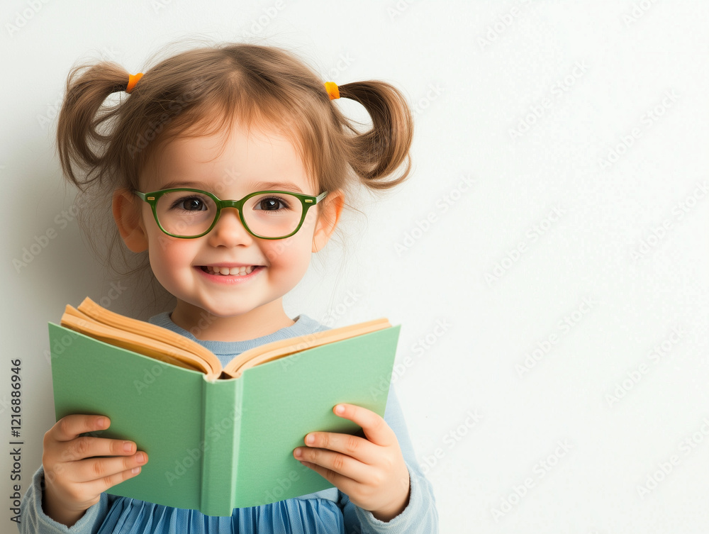 young caucasian toddler in glasses smiling while reading green book against white background young caucasian toddler in glasses smiling while reading green book against white background