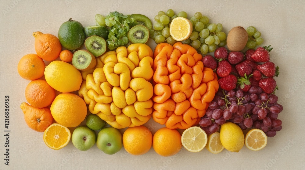 Colorful fruits and vegetables arranged around two brain-shaped objects. Colorful fruits and vegetables arranged around two brain-shaped objects.