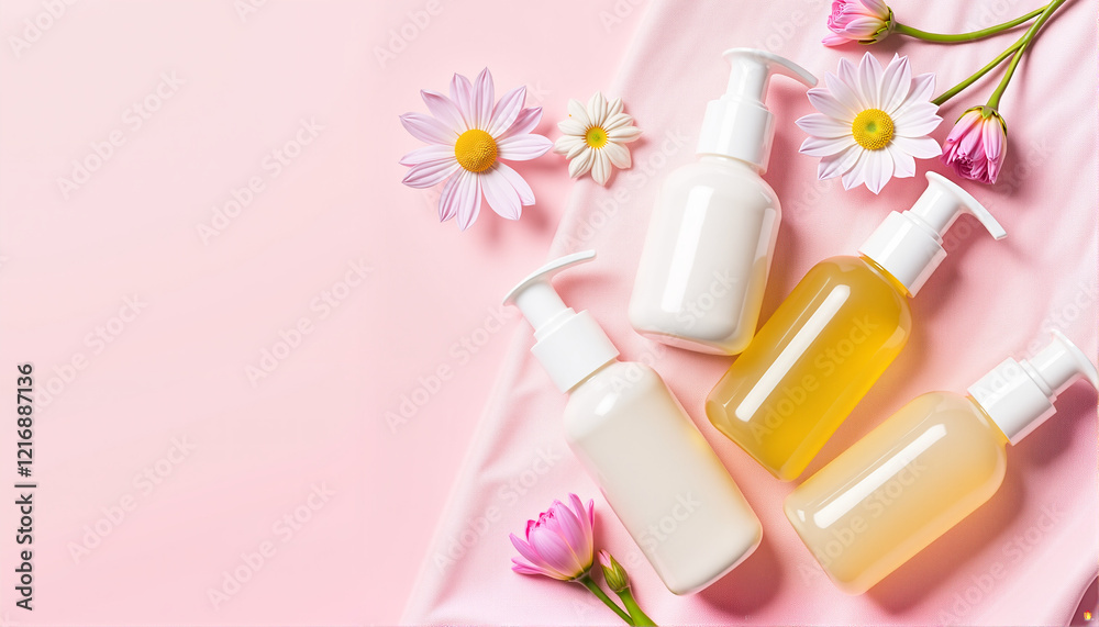 Skincare products with flowers on pink background, Spring Skin Care Theme