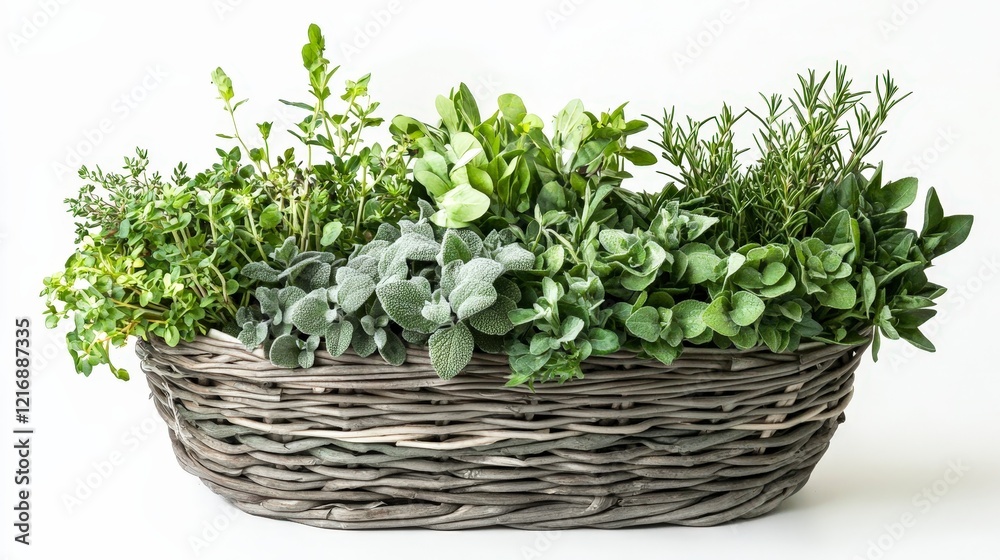 Lush Herbal Garden in a Rustic Basket Displaying Fresh Greenery Lush Herbal Garden in a Rustic Basket Displaying Fresh Greenery