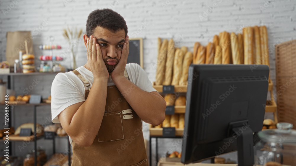 Young man in a bakery shop looking stressed while working on a computer with loaves of bread in the background Young man in a bakery shop looking stressed while working on a computer with loaves of bread in the background
