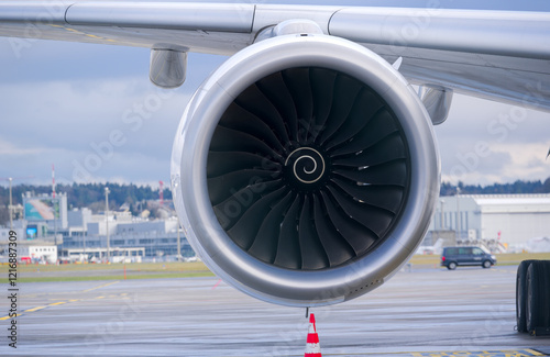 Close-up front view of jet engine at Swiss Airport Zürich Kloten on a winter day. Photo taken January 23rd, 2025, Zurich Kloten, Switzerland. photo