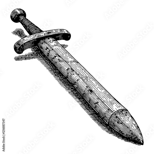 Wooden Sword Toy Detailed Ancient Style Black and White Outline Line Art Drawing
