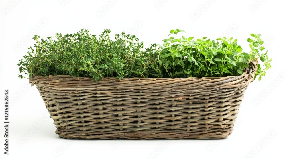 Fresh Green Herbs in Woven Basket on White Background Fresh Green Herbs in Woven Basket on White Background