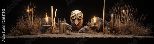 Ritualistic mask scene with candles, grasses, dark background. Mystical ceremony
