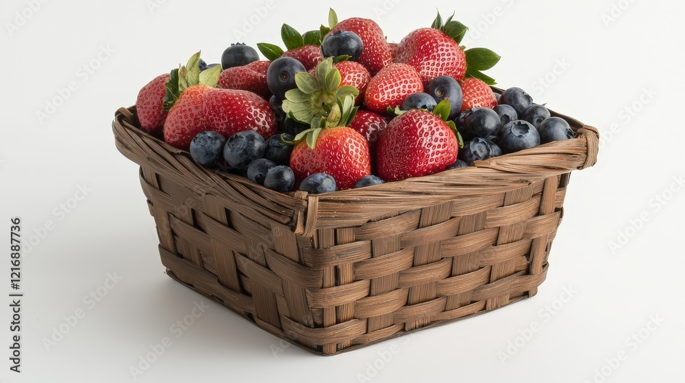 Fresh Strawberries and Blueberries in a Woven Basket on White Background Fresh Strawberries and Blueberries in a Woven Basket on White Background