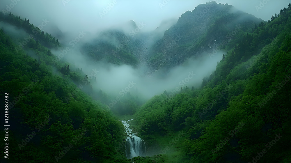 Obraz premium Misty Mountain Valley with Lush Green Forest and Cascading Waterfall