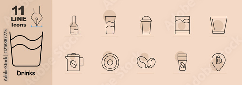 Drinks set icon. Wine bottle, coffee pot, latte, whiskey glass, beans, tea cup, and location marker with mug. Represents hot and cold drink options for enjoyment.