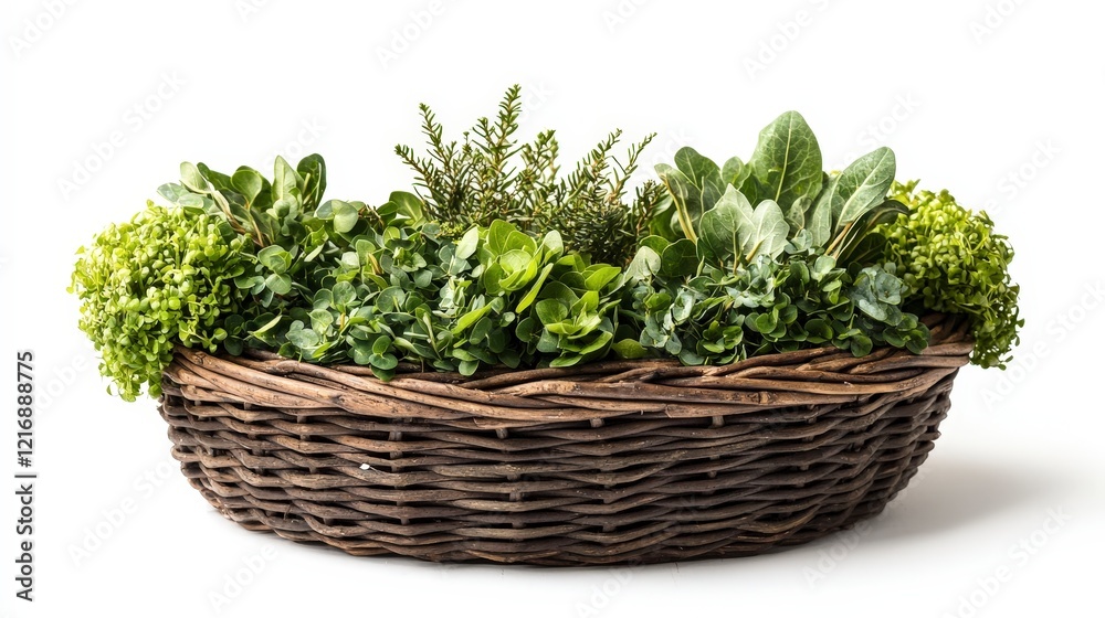 Fototapeta premium Fresh Green Herbs and Leafy Greens in a Rustic Woven Basket