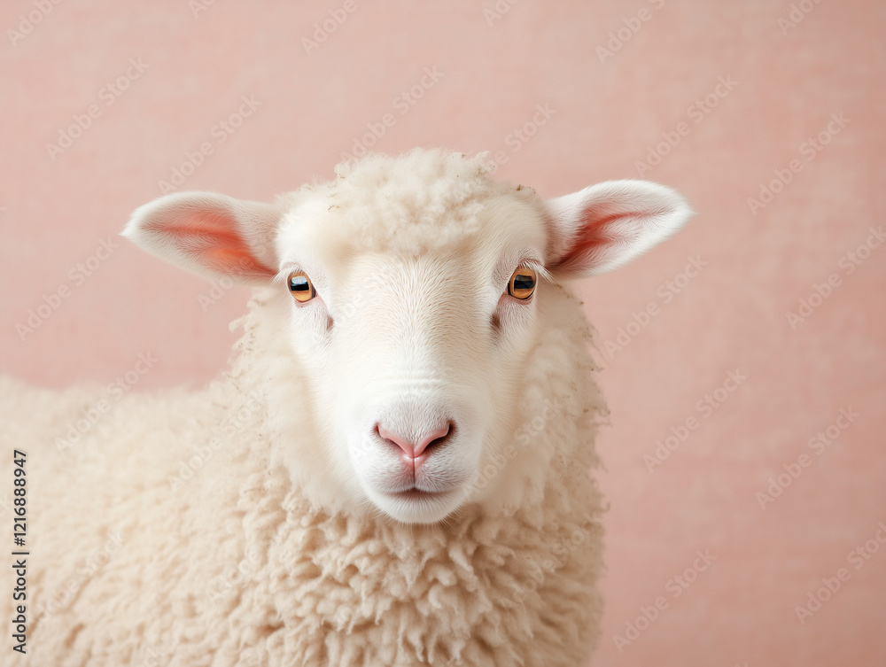 Obraz premium portrait of white sheep looking at camera against pink background