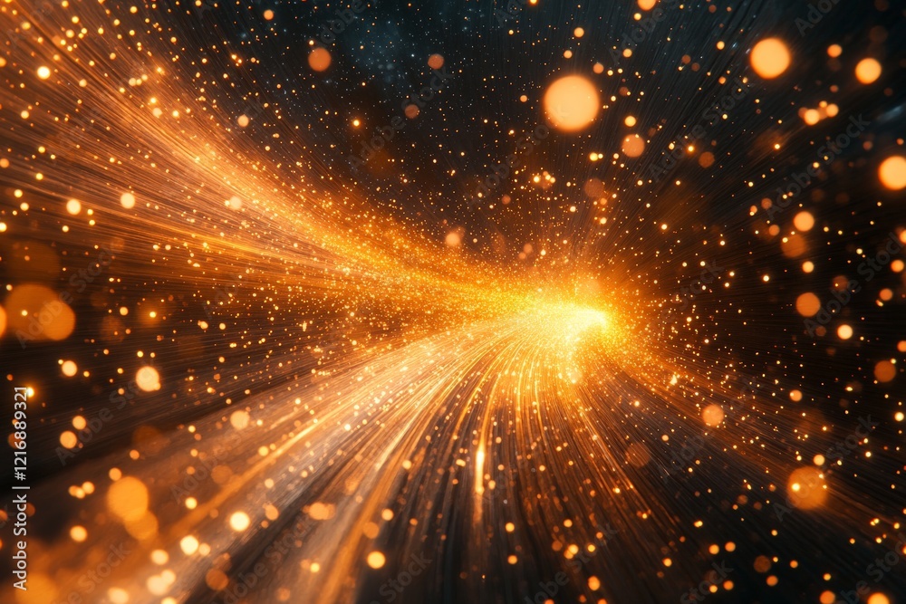 Obraz premium Bright golden particles swirl in a cosmic dance against a deep blue backdrop at night