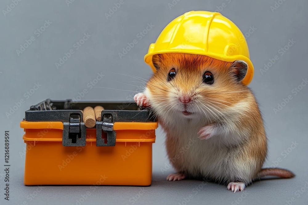 A hamster in a construction worker helmet, standing beside a miniature toolbox, on a smooth gray backdrop. picture A hamster in a construction worker helmet, standing beside a miniature toolbox, on a smooth gray backdrop. picture