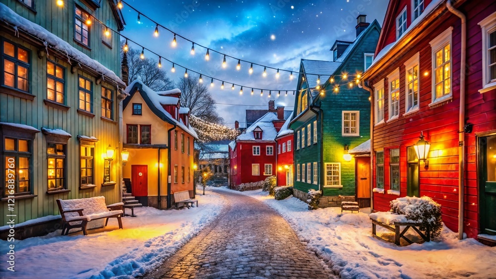 Fototapeta premium Colorful Winter Street Scene: Vintage Architecture & Festive Lights