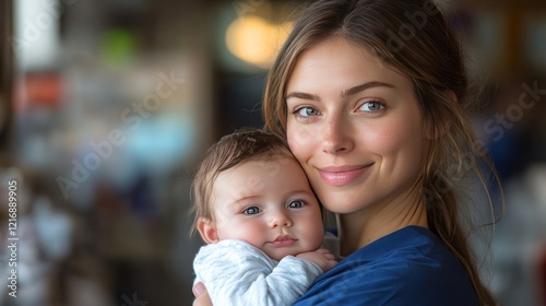 Smiling mother holding baby, cafe background, motherhood