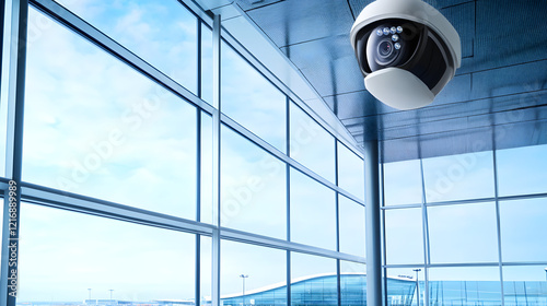 Security camera (CCTV) installed at an airport location, providing surveillance and monitoring for safety and security.
