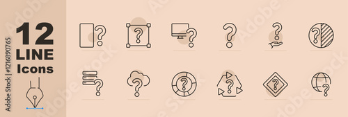 Uncertainty set icon. File query, selection question, monitor, individual inquiry, division, hand with question, cloud, database, circular process, warning, network globe. Highlights ambiguity