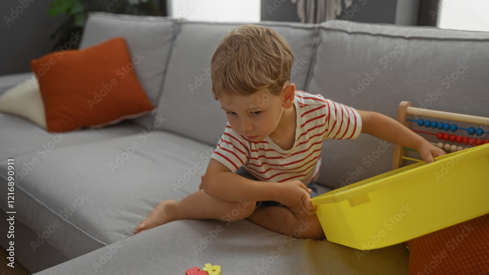 Toddler boy with blond hair sitting on a gray couch in a living room playing with a yellow toy tray and wearing a striped shirt Toddler boy with blond hair sitting on a gray couch in a living room playing with a yellow toy tray and wearing a striped shirt