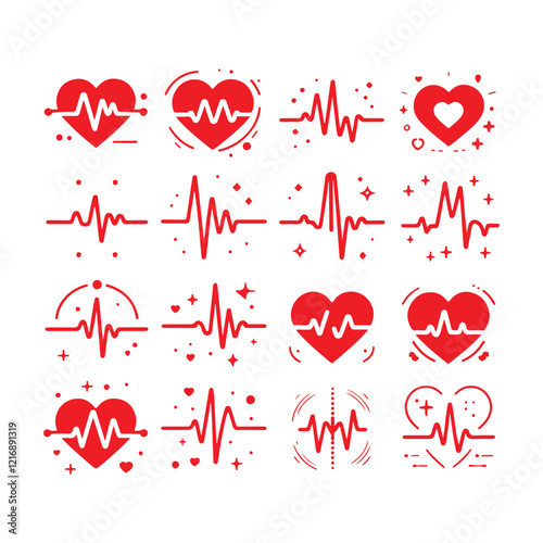 Red heartbeat illustration  collection with heart icon medical pulse, health monitoring vector 