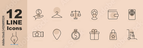 Shopping and gift set icon Money hand, hanger, scales, wallet, passport, tickets, locations, gifts, bags. Shopping, gifting, consumer services