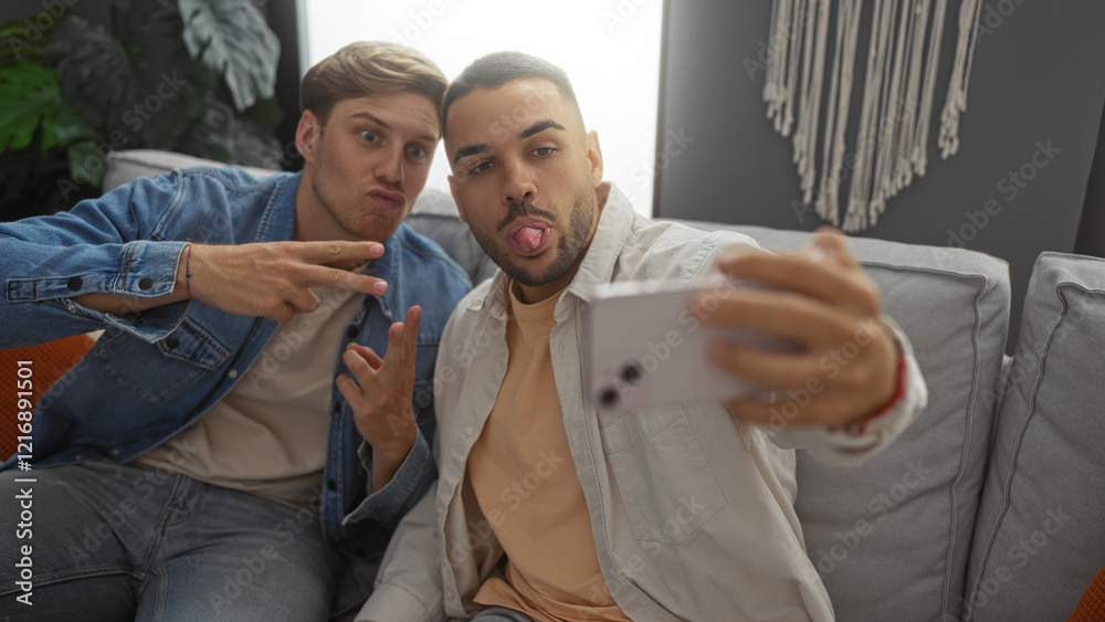Two handsome men taking selfies and making funny faces in a modern living room, highlighting their playful friendship indoors