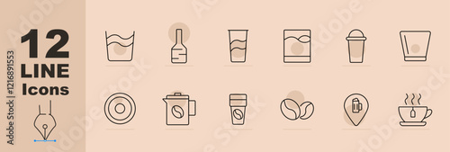 Coffee and drinks set icon Coffee cup, coffee maker, beans, shop location, tea cup, shaker, glass, espresso, latte, iced , cold brew. Coffee, beverages, cafe