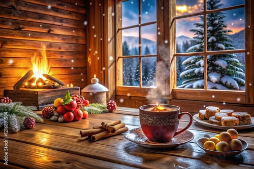 Cozy Winter Cabin Food Photography: Warm Drinks & Treats by Fireplace photo