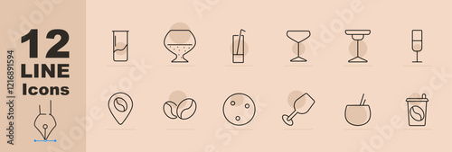 Bar and coffee set icon Drink glass, goblet, shaker, martini, champagne flute, location, beans, tea, coffee, cold brew, latte art, cocktail. Bar, beverages, coffee