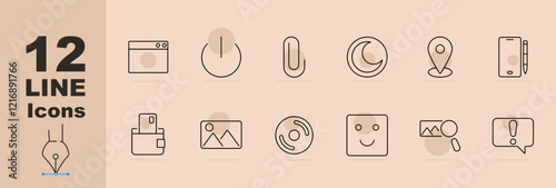 Digital tools set icon Browser, power, clip, moon, location, smartphone, camera, gallery, search, warning, smiley face, recognition. Digital tools, connection, interaction
