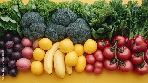 Colorful fruits vegetables flatlay yellow background photo