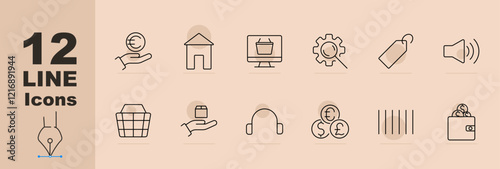Shopping and payments set icon Euro payment, house, online shopping, cogwheel, price tag, speaker, basket, parcel, headset, coins, barcode, wallet. Shopping, payments, transactions
