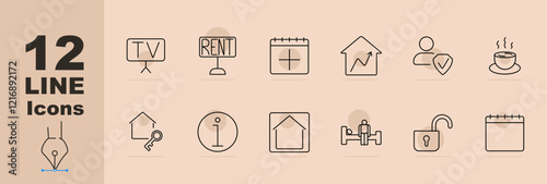 Real estate set icon TV, rent sign, calendar, house value, user approval, coffee cup, key, information, house, fitness, unlock, monthly calendar. Real estate, lifestyle, home