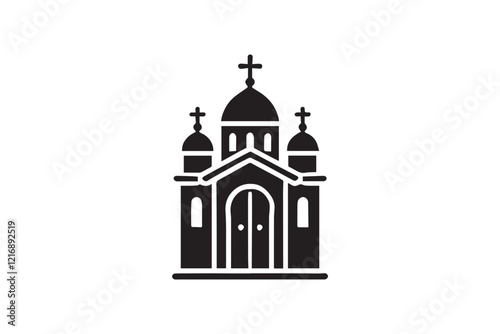 simple and subtle vector silhouette of church in black and white, set against a white background. 